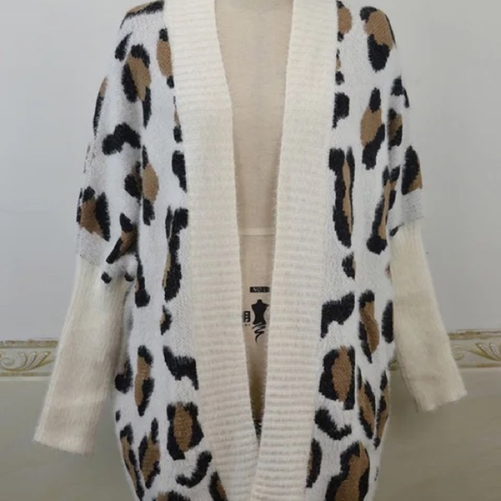 Leopard Print Open Front Cardigan, White/Brown - Picture 5 of 11